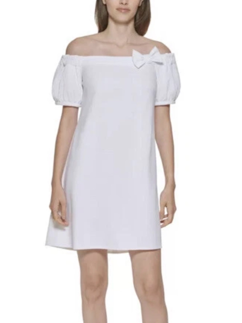 Calvin Klein Off-Shoulder White Puff Sleeve Dress with Bow